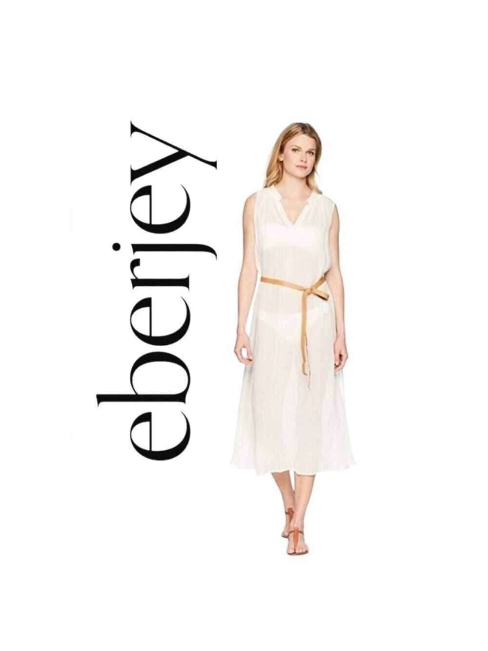 Eberjey Sheer Cover Up Dress Bamboo Cotton V-Neck Belted Size M NWT